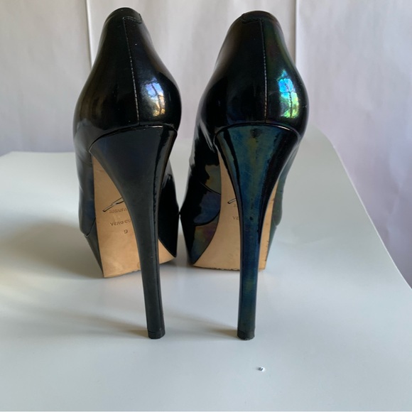 Brian Atwood Bambola iridescent patent leather Peep toe high heel Adriadic Black - Picture 11 of 13